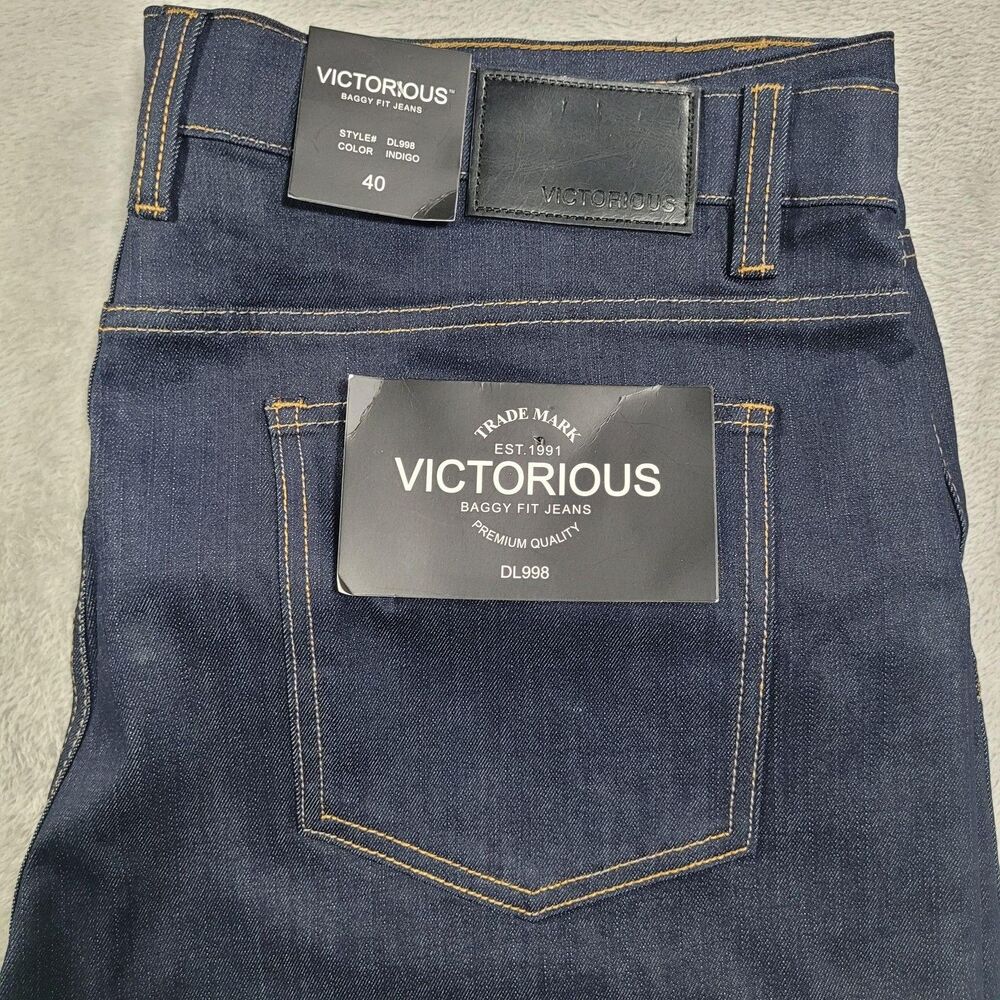 Victorious Baggy Jeans Mens 40x32 Blue Dark Wash Relaxed Straight Stretch Denim